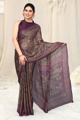 Wine chiffon kalmkari  ethnic motifs peacock saree with unstitched blouse piece 2