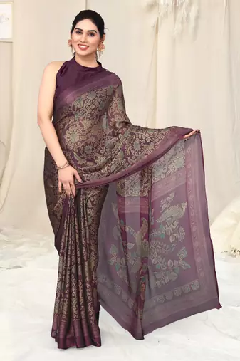 Wine chiffon kalmkari  ethnic motifs peacock saree with unstitched blouse piece