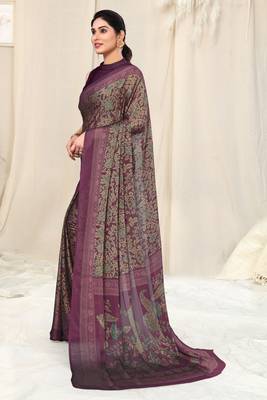 Wine chiffon kalmkari  ethnic motifs peacock saree with unstitched blouse piece 3