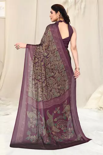 Wine chiffon kalmkari  ethnic motifs peacock saree with unstitched blouse piece