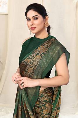 Green chiffon kalmkari  ethnic motifs peacock saree with unstitched blouse piece 1