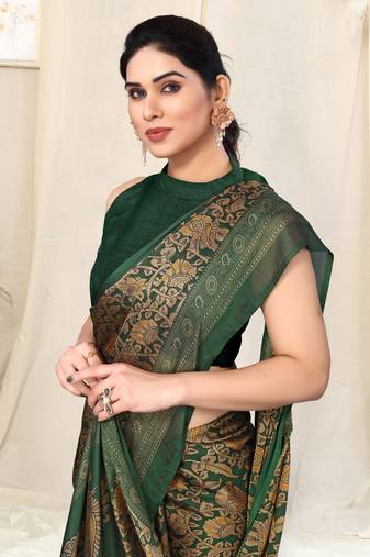 Green chiffon kalmkari  ethnic motifs peacock saree with unstitched blouse piece