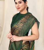 Green chiffon kalmkari  ethnic motifs peacock saree with unstitched blouse piece