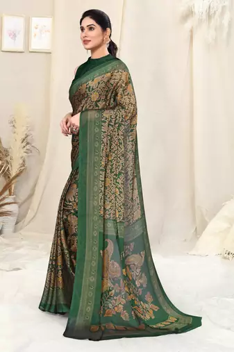 Green chiffon kalmkari  ethnic motifs peacock saree with unstitched blouse piece