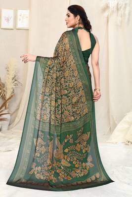 Green chiffon kalmkari  ethnic motifs peacock saree with unstitched blouse piece 3