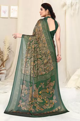 Green chiffon kalmkari  ethnic motifs peacock saree with unstitched blouse piece