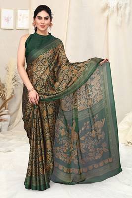Green chiffon kalmkari  ethnic motifs peacock saree with unstitched blouse piece 5
