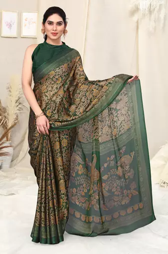 Green chiffon kalmkari  ethnic motifs peacock saree with unstitched blouse piece