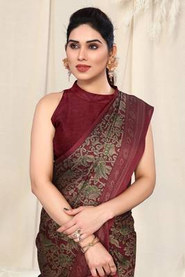 Maroon Chiffon Kalmkari  Ethnic Motifs Peacock Saree With Unstitched Blouse Piece 1