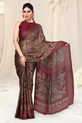 Maroon Chiffon Kalmkari  Ethnic Motifs Peacock Saree With Unstitched Blouse Piece