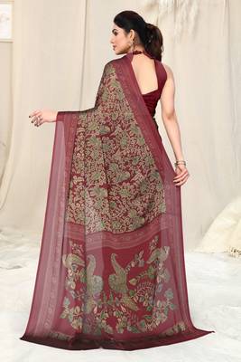 Maroon Chiffon Kalmkari  Ethnic Motifs Peacock Saree With Unstitched Blouse Piece 3