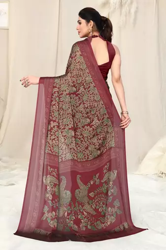 Maroon Chiffon Kalmkari  Ethnic Motifs Peacock Saree With Unstitched Blouse Piece