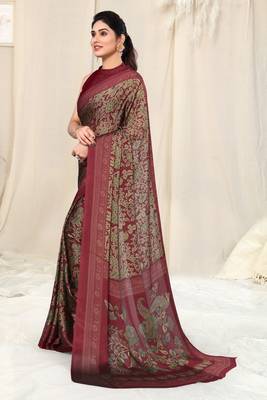 Maroon Chiffon Kalmkari  Ethnic Motifs Peacock Saree With Unstitched Blouse Piece 4
