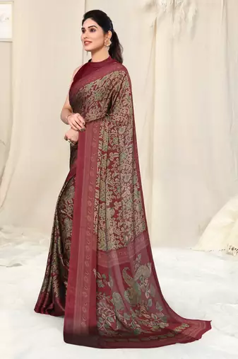Maroon Chiffon Kalmkari  Ethnic Motifs Peacock Saree With Unstitched Blouse Piece