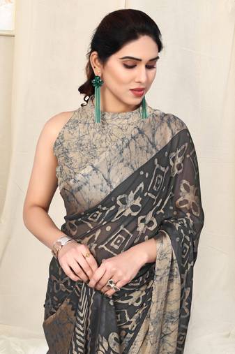 Black Chiffon Block Print Saree With Unstitched Blouse Piece