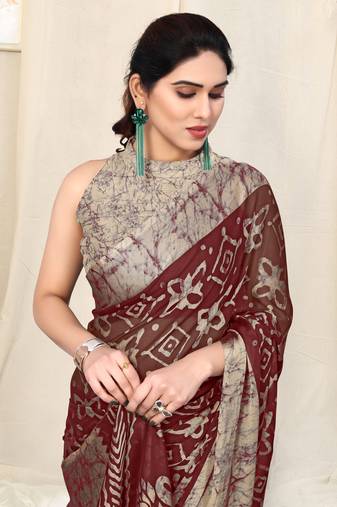 Maroon Chiffon Block Print Saree With Unstitched Blouse Piece