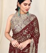 Maroon Chiffon Block Print Saree With Unstitched Blouse Piece