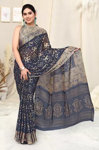 Navy blue chiffon block print saree with unstitched blouse piece