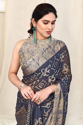 Navy blue chiffon block print saree with unstitched blouse piece 1