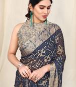 Navy blue chiffon block print saree with unstitched blouse piece