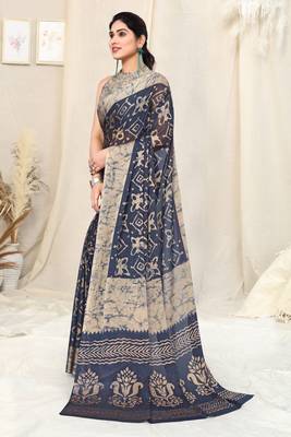 Navy blue chiffon block print saree with unstitched blouse piece 4