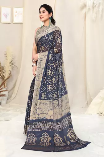 Navy blue chiffon block print saree with unstitched blouse piece
