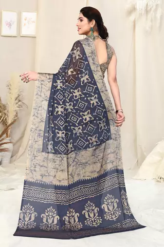 Navy blue chiffon block print saree with unstitched blouse piece