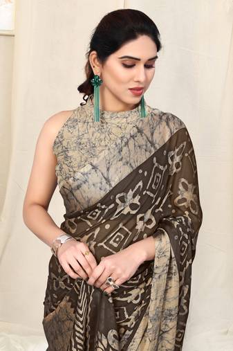 Brown Chiffon Block Print Saree With Unstitched Blouse Piece