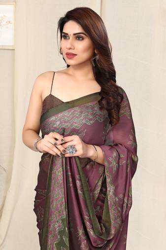 Dusty wine chiffon floral printed block print saree with unstitched blouse piece