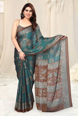 Dusty Teal Chiffon Floral Printed Block Print Saree With Unstitched Blouse Piece 2