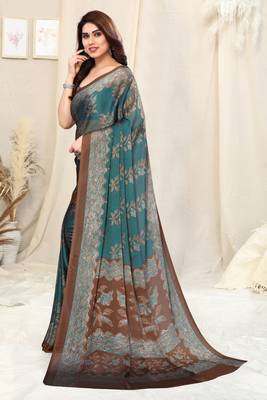 Dusty Teal Chiffon Floral Printed Block Print Saree With Unstitched Blouse Piece 3