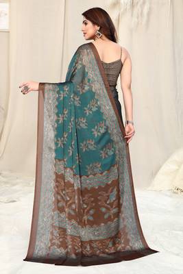 Dusty Teal Chiffon Floral Printed Block Print Saree With Unstitched Blouse Piece 4