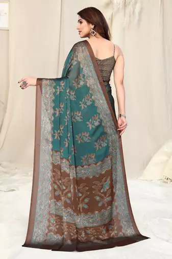 Dusty Teal Chiffon Floral Printed Block Print Saree With Unstitched Blouse Piece