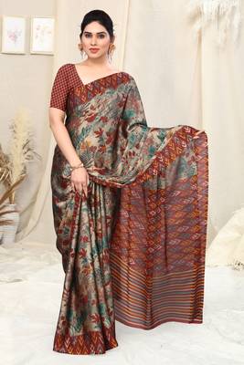 Beige Chiffon Leaf Ikkat Stripe Saree With Unstitched Blouse Piece 2