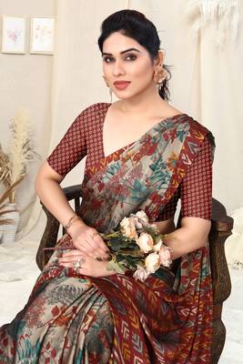 Beige Chiffon Leaf Ikkat Stripe Saree With Unstitched Blouse Piece 1