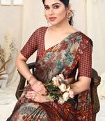 Beige Chiffon Leaf Ikkat Stripe Saree With Unstitched Blouse Piece