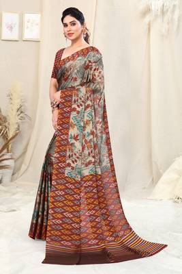 Beige Chiffon Leaf Ikkat Stripe Saree With Unstitched Blouse Piece 3