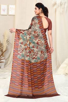 Beige Chiffon Leaf Ikkat Stripe Saree With Unstitched Blouse Piece 4