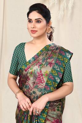 Beige Chiffon Leaf Ikkat Stripe Saree With Unstitched Blouse Piece 1