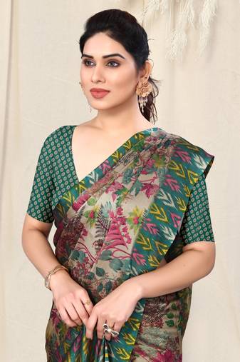 Beige Chiffon Leaf Ikkat Stripe Saree With Unstitched Blouse Piece