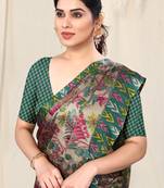 Beige Chiffon Leaf Ikkat Stripe Saree With Unstitched Blouse Piece