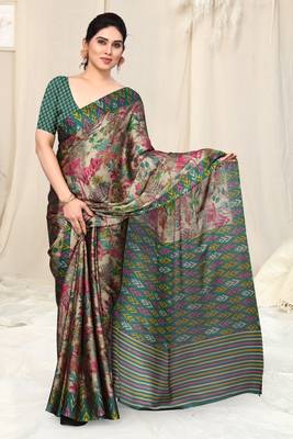 Beige Chiffon Leaf Ikkat Stripe Saree With Unstitched Blouse Piece 2