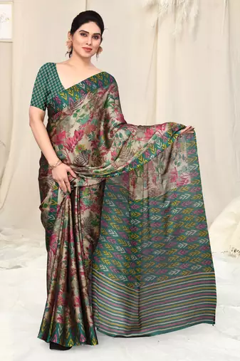 Beige Chiffon Leaf Ikkat Stripe Saree With Unstitched Blouse Piece
