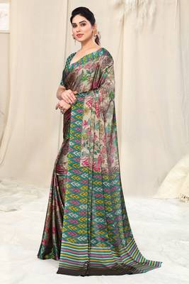 Beige Chiffon Leaf Ikkat Stripe Saree With Unstitched Blouse Piece 3