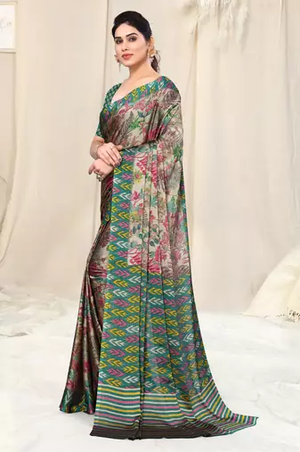 Beige Chiffon Leaf Ikkat Stripe Saree With Unstitched Blouse Piece