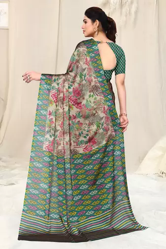 Beige Chiffon Leaf Ikkat Stripe Saree With Unstitched Blouse Piece