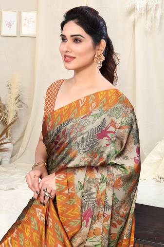 Beige Chiffon Leaf Ikkat Stripe Saree With Unstitched Blouse Piece