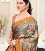 Beige Chiffon Leaf Ikkat Stripe Saree With Unstitched Blouse Piece