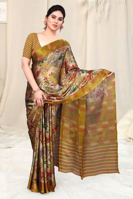 Beige Chiffon Leaf Ikkat Stripe Saree With Unstitched Blouse Piece 2
