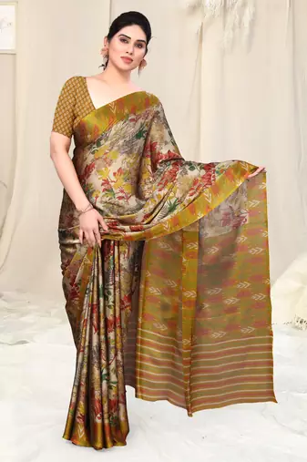 Beige Chiffon Leaf Ikkat Stripe Saree With Unstitched Blouse Piece